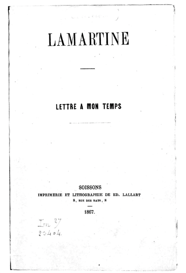 « Lamartine. Lettre à mon temps » (1867), de Malvina&nbsp;Blanchecotte